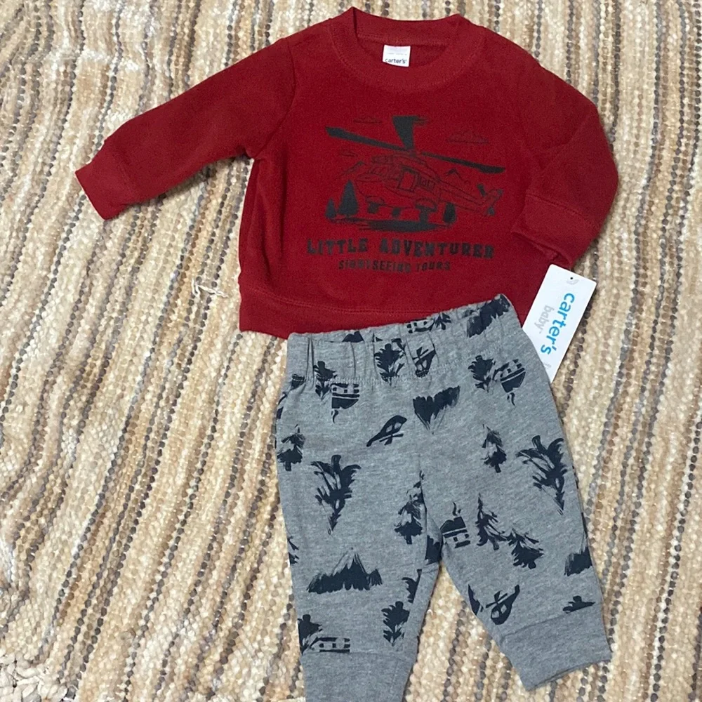 Carters Baby Boy Helicopter Mountain Sweatshirt Pants Onesie Outfit Set 3M